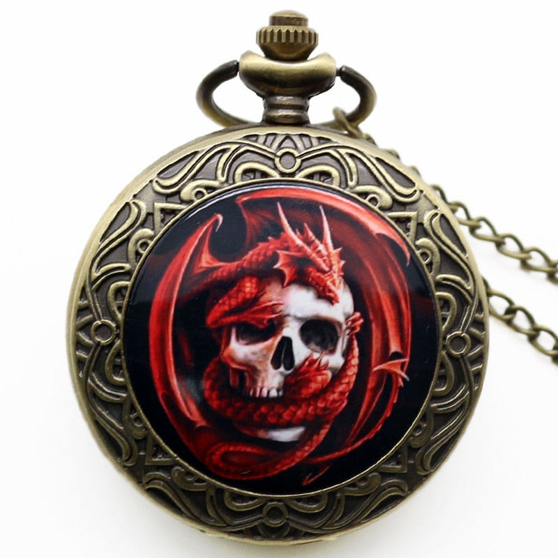 Red Dragon With Skull Pocket Watch