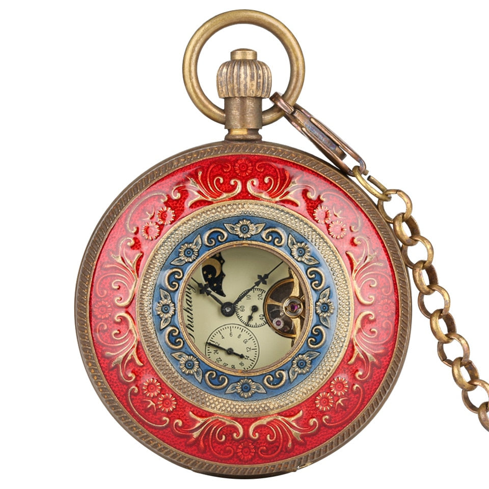 Red Carving Automatic Mechanical Pocket Watch